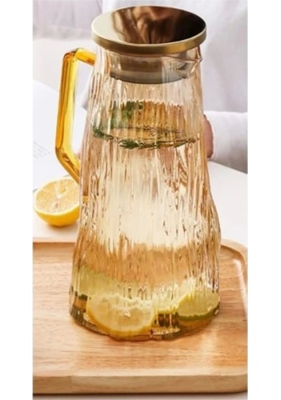 Morponi Borosilikat Cam Metal Kapaklı Lüks Cam Sürahi 1800 Ml Amber Dalgalı Mt