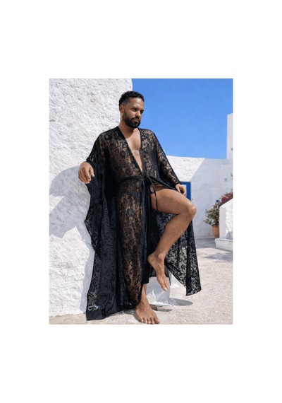 Qmen Style Erkek Plaj Kaftanı Siyah Lace Dandel Siyah