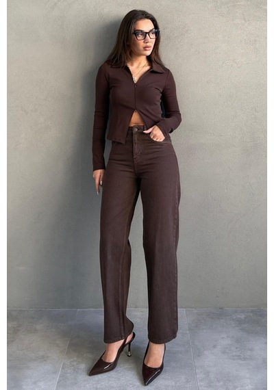Kahverengi Yüksek Bel Mom Fit Kadın Jean Mg2654 Kahverengi