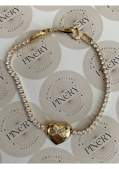 Pinery Jewels Taşlı X Çelik Kararmaz Kelepçe Kadın Bileklik Altın