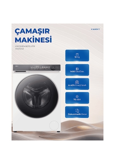 Haier HW130B14367EU1TR 13 KG Wi-fi Bağlantılı 1400 Devir Çamaşır Makinesi Beyaz