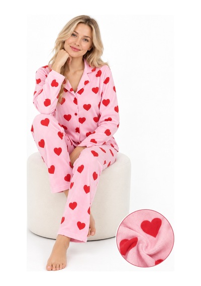 Sleeeproom Kadın Süet Düğmeli Mevsimlik Kalp Desen Pudra Pijama Takımı Kırmızı - Pembe