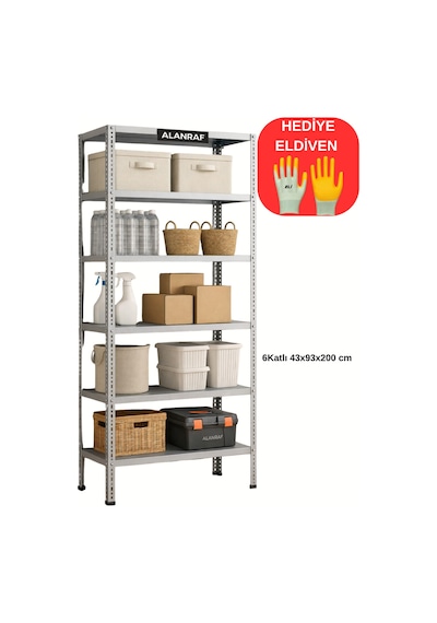 Çelik Raf 6 Katlı 43x93x200 Dekoratif, Depo Rafı, Arşiv Rafı, Kiler Rafı Eldiven Hediye Galvaniz