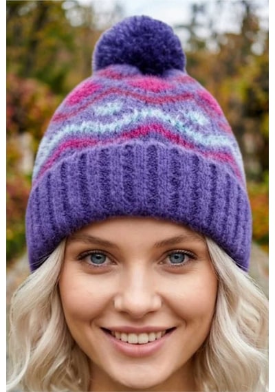 Tezzgelsin Kadın Ponponlu Katlamalı Desenli Örme Triko Kışlık Bere Mor