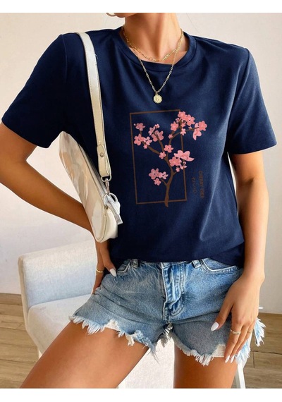 Uyguntarz Unisex Kiraz Ağacı Baskılı Tasarım Tshirt Lacivert