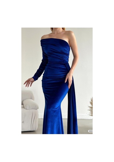 Lior Design Kadın İnce İşçilik Tek Omuz Kuyruklu Balık Kesim Abiye Elbise Lacivert