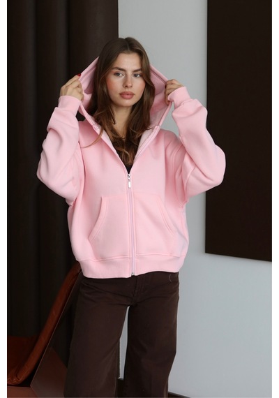 Balenbi Kadın 3 İplik İçi Polarlı Kapüşonlu Oversize Sweat Hırka 1110 Pembe