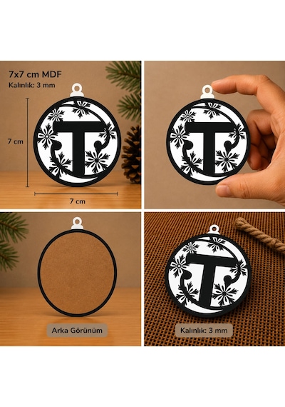 T Harf Yılbaşı Süsü Mdf Çam Ağacı Desenli Asılabilir Dekor 7x7 Cm