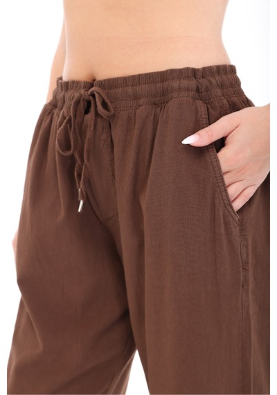Blayn Jeans Blayn Kadın Taba Keten Dokulu Yüksek Bel Bol Paça Beli Bağcıklı Pantolon Kahverengi