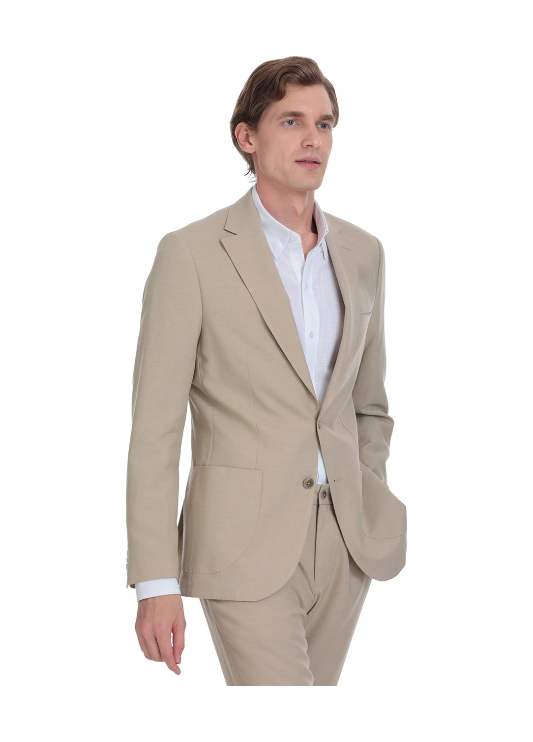 Hatemoğlu Vizon Slim Fit Mono Yaka Keten Takım Elbise Vizon