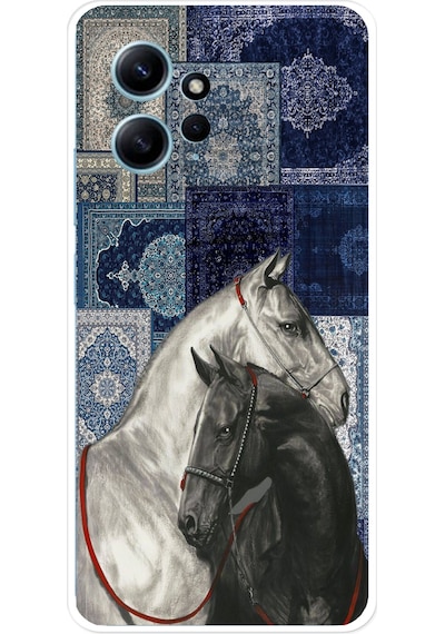 Redmi Note 12 4g Uyumlu Mavi Kilim Desenli Siyah Ve Beyaz At Baskılı Silikon Kılıf Renkli