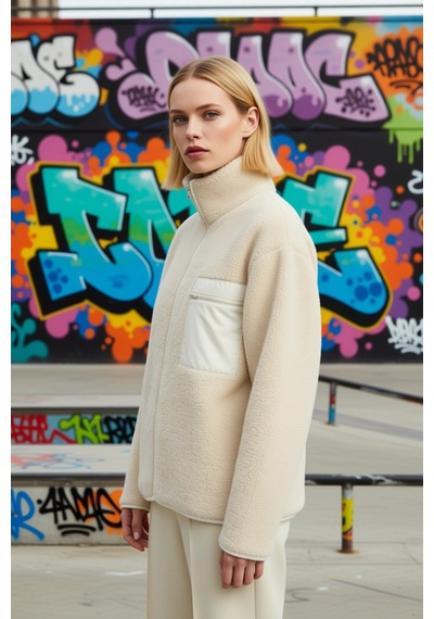 Benerly Kadın Dik Yaka Düşük Kol Tam Fermuarlı Peluş Sweatshirt Fonksiyon Taş
