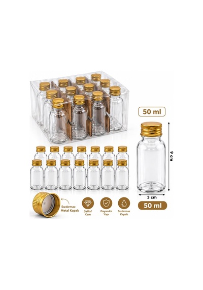 Yakut Boş Tüp Şişe 50ml Gold Metal Kapaklı Çok Amaçlı Dekoratif- 12'li Paket