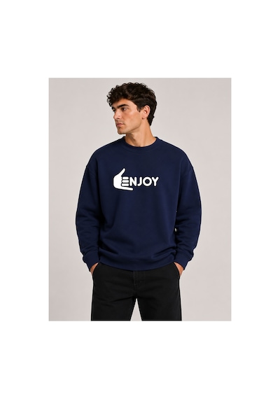 Herkesemoda Enjoy Baskılı Bisiklet Yaka Şardonlu 2 İplik Sweatshirt Lacivert
