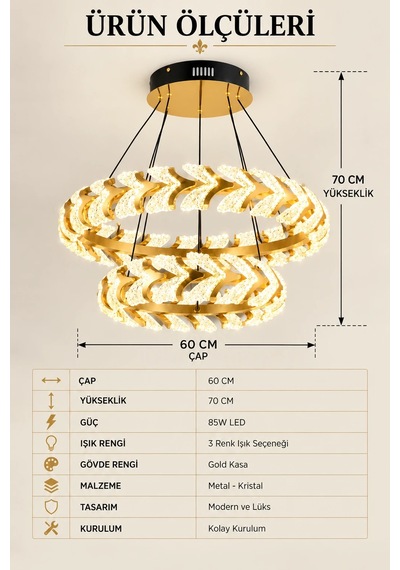 Modern Premium Led Avize Gold Kasa Çift Katlı Sarkıt Salon Yemek Odası Avizesi 85w