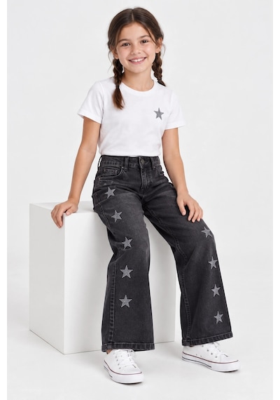 Rony Pony Kids Kız Çocuk Yıldız Nakışlı Füme Jean Pantolon Bol Paça Yüksek Bel Kot