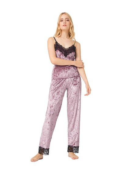 Cottonhill Pudra Dantel Detaylı Kadife Kadın Pijama Takımı Pudra
