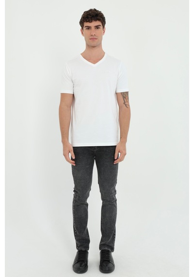 Dufy Erkek Slim Fit V Yaka Beyaz T-shirt-25712