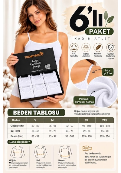 Trendybee Kadın İp Askılı Beyaz Atlet 6 Lı Paket Özel Kutuda Pamuklu Yumuşak Dokulu Günlük İç Giyim M Beden