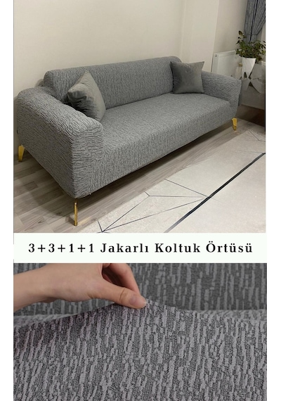 Upmall Jakarlı Koltuk Kanepe Kılıfı Çekyat Örtüsü 3+3+1+1 Gri