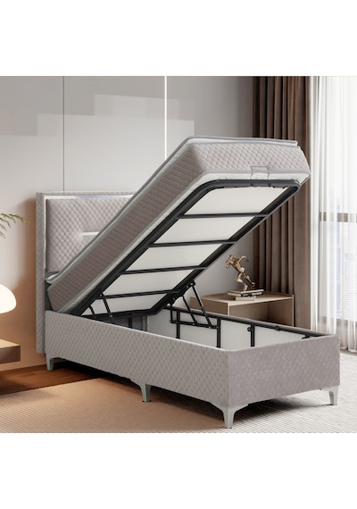 Lina Gri Tek Kişilik Sandıklı Baza Ve Başlık Takımı 2'li Set Konuma Özel Teslimat 90 x 190 CM