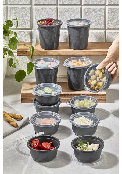 12'li Antrasit Set Sızdırmaz Hava Almaz Kapaklı Yuvarlak Erzak Vs Saklama Kabı 4x500 Ml 8x250 Ml Antrasit