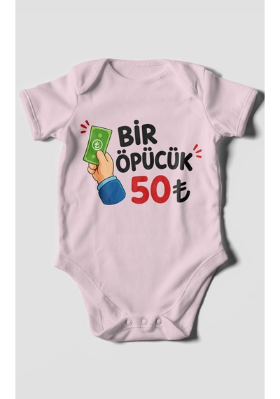 Morivokids Bir Öpücük 50tl Kısa Kollu Bebek Body %100 Pamuk Bebe Pembe