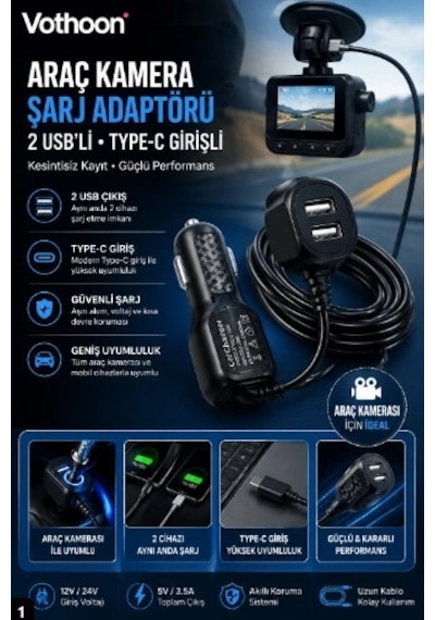 Araç Kamera Şarj Adaptörü 2 Usb Li Type-c Girişli 3.5 Metre Kablo Uzunluğu Ürün Kamera Değildir