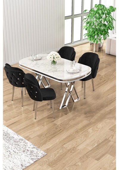 Canisa Zae Serisi 90x168 Lak Panel Beyaz Mermer Desen Krom Ayak Masa Takımı 4 Siyah Sandalye Beyaz Mermer Desen Masa,siyah Sandalye Canisa Zae Serisi 90x168 Lak Panel Beyaz Mermer Desen Krom Ayak Masa Takımı 4 Siyah Sandalye Beyaz Mermer Desen Masa,siyah Sandalye