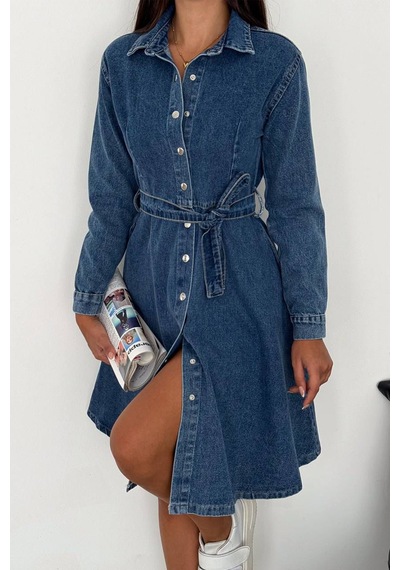 Noa & Noa Kadın Kuşaklı Düğmeli Denim Elbise Timeless Fit Mavi