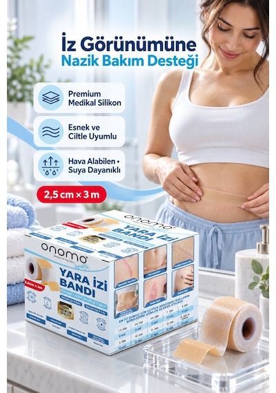 Onomo Health Silikon Yara İzi Bandı Ameliyat İzi Giderici Sezeryan Scar Keloid Yanık 2,5cm X 3m