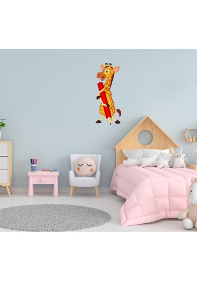 Sevimli Zürafa ve Kalem Ana Okulu Çocuk Odası Duvar Kapı Sticker