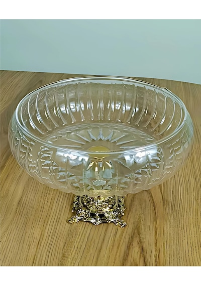 Assa Bazaar Lotus Kristal 24 Cm Kesme Dekor Metal Ayaklı Salata Kasesi Gold Cam Sunumluk & Servis Tabağı Gri