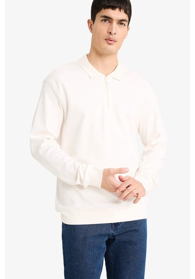 Defacto Regular Fit Polo Yaka Yarım Fermuarlı Sweatshirt F2254ax25wner137 Ekru-er137