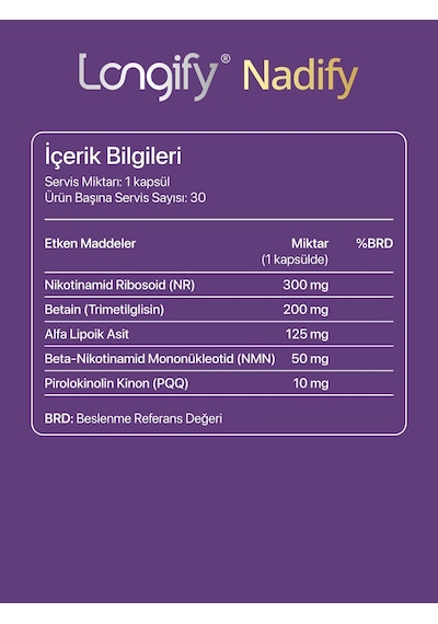 Longify Nadify Nr, Nmn, Pqq, Alfa Lipoik Asit Ve Tmg Takviye Edici Gıda 30 Kapsül