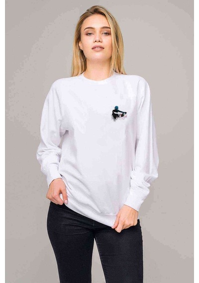 Dj Disk Jokey Mavi Çizgi Dj Baskılı Beyaz Kadın Sweatshirt