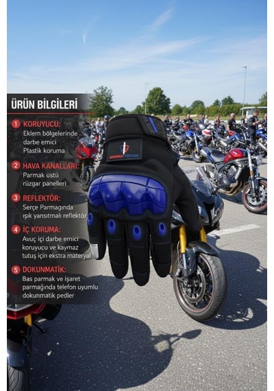 Single Sword Tam Parmak Dokunmatik Özellikli İç Ve Dış Koruma Destekli Taktik Motorcu Eldiveni Mavi