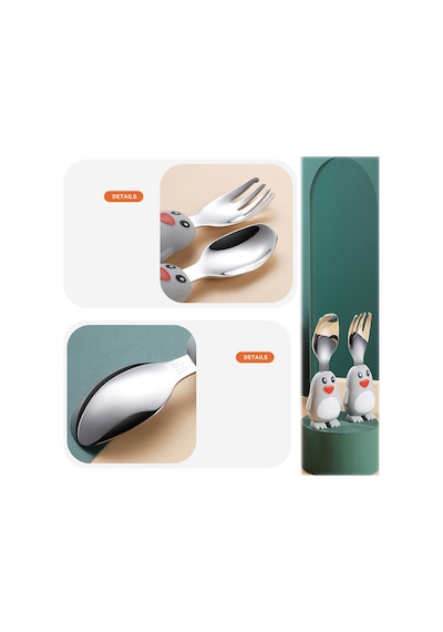 Penguen Figürlü Premium Çocuk Bpa Free Silikon Sap Paslanmaz Çelik Uçlu Çatal-kaşık Set 9+ Ay