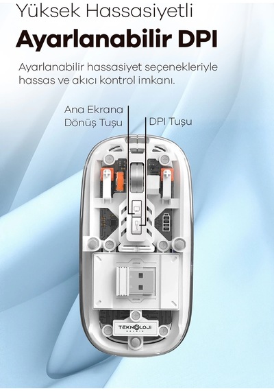 Bay Bluetooth Usb Çift Modlu Sessiz Mouse, Şeffaf Mıknatıslı Kapaklı, Type-c Şarjlı, Dpı Ayarlı, Kablosuz 10m
