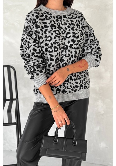 Femelle Kadın Gri Standart Beden Leopar Desen Oversize Triko Kazak