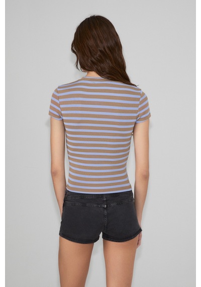 Grımelange Hopewell Kadın Yuvarlak Yaka Örme Slim Fit Mavi/kahverengi Çizgili T-shirt Grımelange Hopewell Kadın Yuvarlak Yaka Örme Slim Fit Mavi/kahverengi Çizgili T-shirt