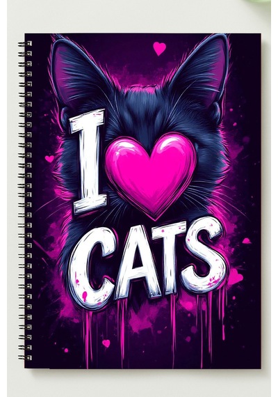 I Love Cats A5 Metal Spiralli Çizgisiz Karton Kapak I Love Cats Defter Çok Renkli