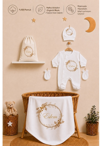 Pia Baby Kız Bebek Hastane Çıkışı İsme Özel Battaniye Tulum Seti %100 Pamuk Ham Bez Kıyafet Keseli Kız Bebek Hediyesi 1054btkyx Ekru