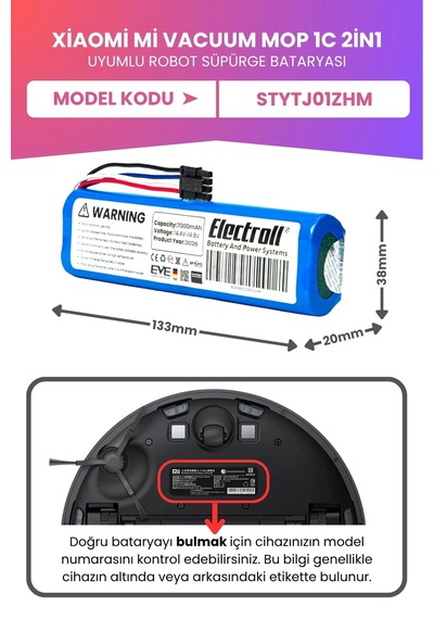Xiaomi Mi Vacuum Mop 1c 2in1 Uyumlu Batarya Maksimum Kapasite 7000mah Robot Süpürge Pil Stytj01zhm