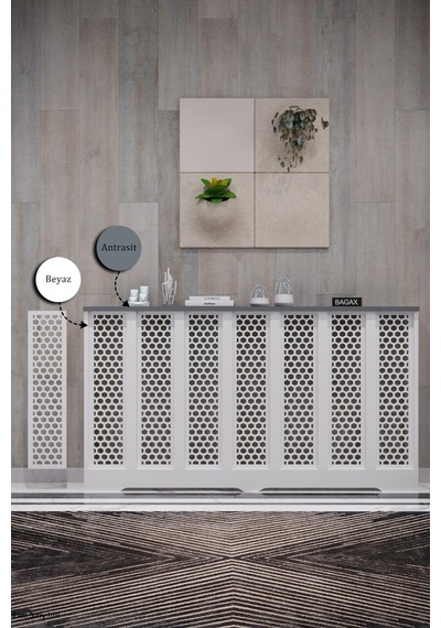 Dekoratif Petek Kaplama Modern Kalorifer Peteği Gizleme Ünitesi 11 Desen 9 Renk İç Ölçü 136 Cm Dış Ölçü 140 Cm Petek 136 Beyaz Üstü Antrasit D6