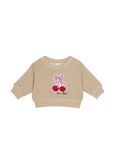 Antebies Pamuk, Sustainable, Bej Kiraz Baskılı Kız Bebek Sweatshirt Biker Takım Kırmızı
