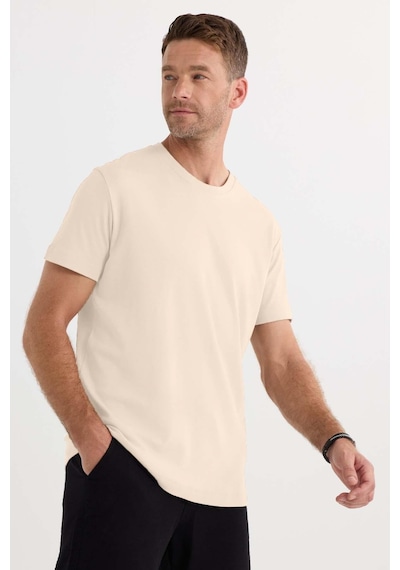 Tudors Unisex Relax Fit Rahat Kesim %100 Pamuk Yumuşak Dokulu Hafif Kalın Bej Bisiklet Yaka Tişört-36916 Bej