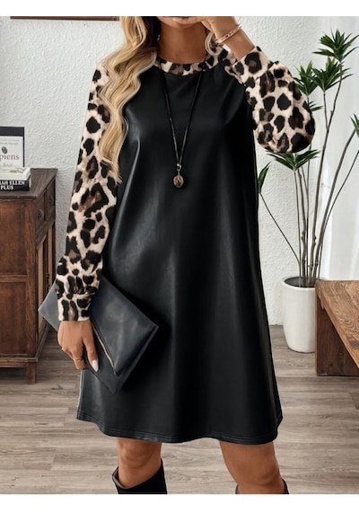 Tammy Kadın Uzun Kollu Bisiklet Yakalı Leopar Desenli Deri Kısa Elbise Siyah