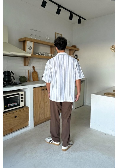 Flaw Çizgili Oversize Kısa Kol Gömlek Beyaz-25868 Beyaz