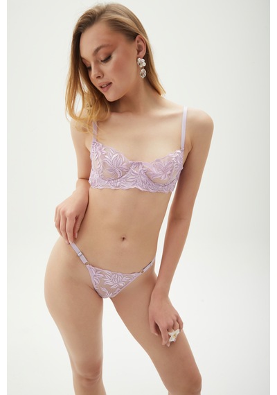 Arinda Lilac Floral Çiçek Desenli İşlemeli Brode Kapsız Balenli Bralette Sütyen Tanga Alt Üst Çamaşırı Takımı 2 Parça Lila
